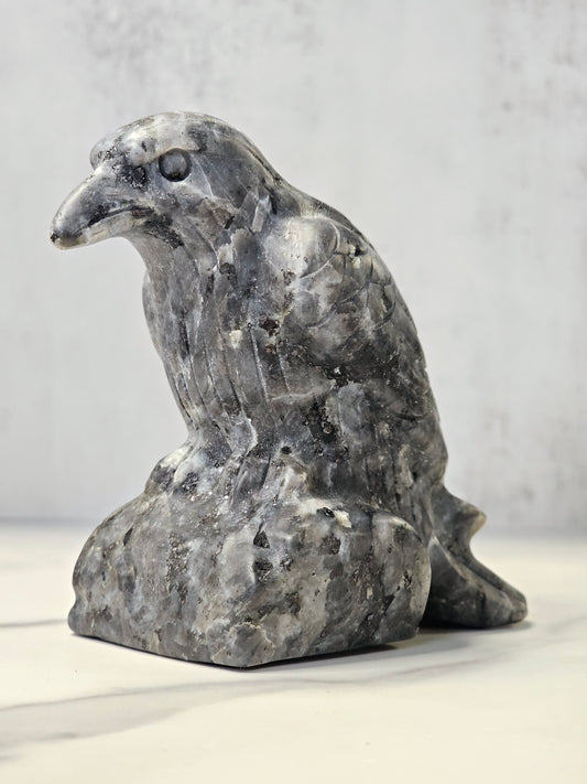 Larvikite Raven Carving