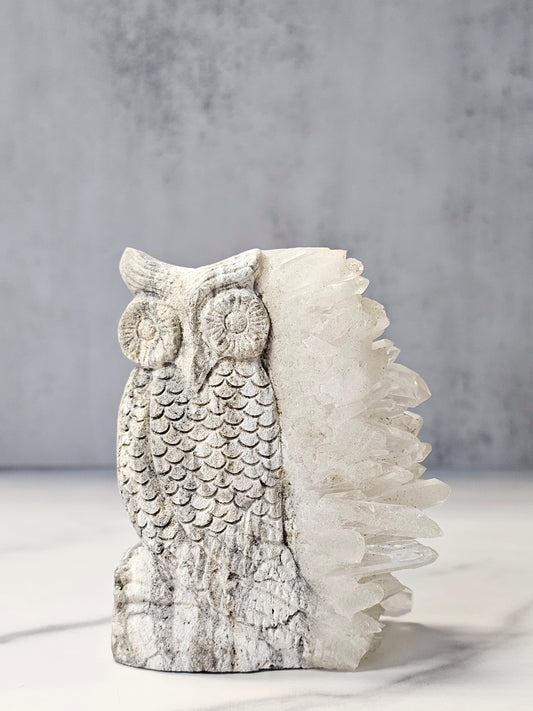 Quartz Point Cluster - Owl Carving