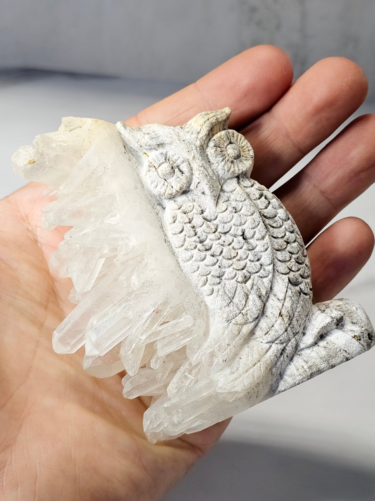 Quartz Point Cluster - Owl Carving