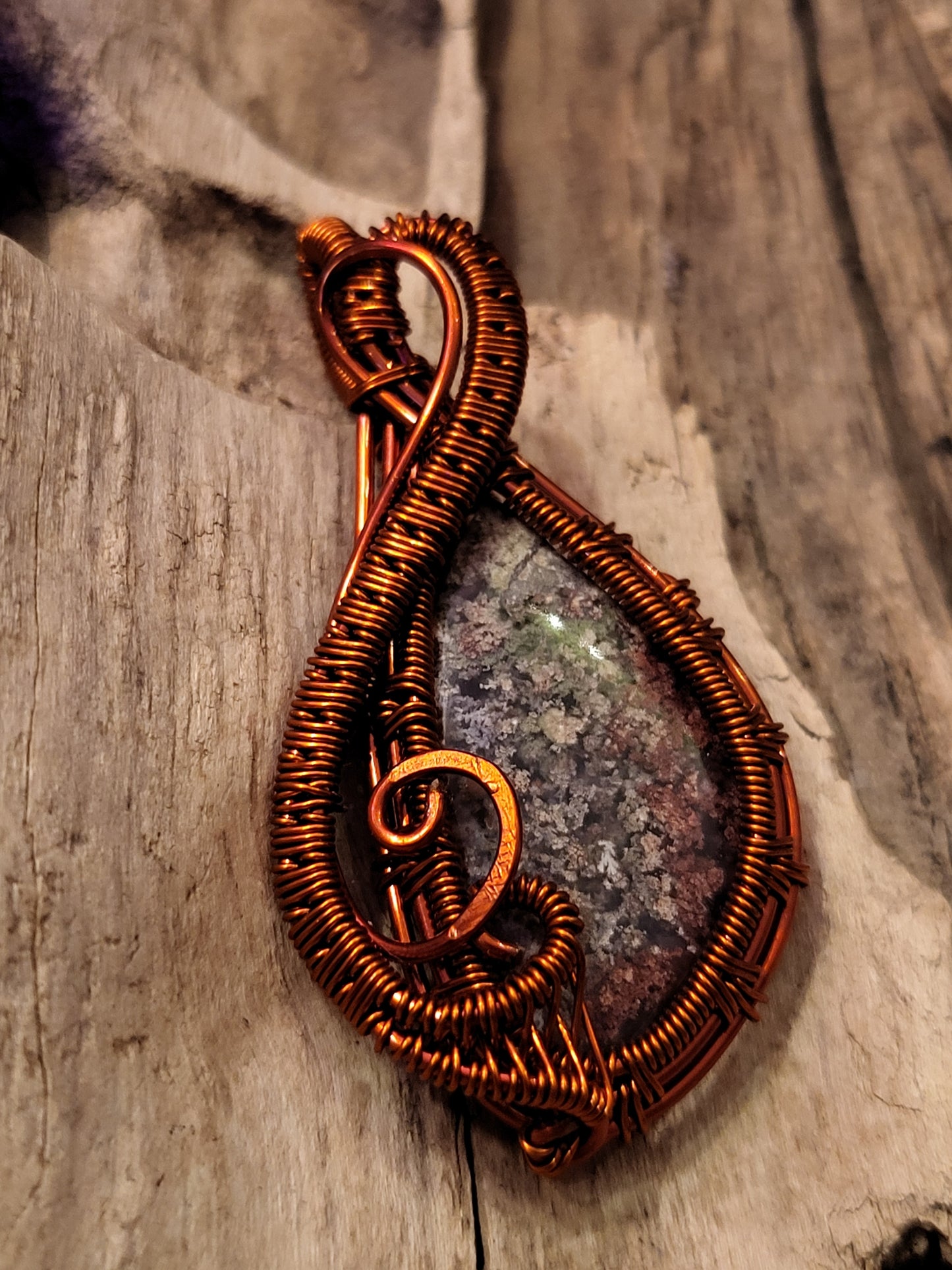 Moss Agate and Copper Wire Wrapped Necklace