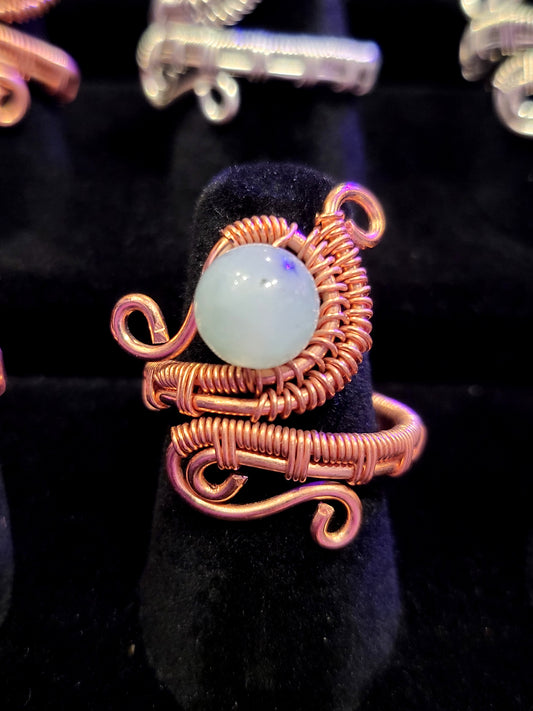 Green Aventurine and Copper Wire Wrapped Ring