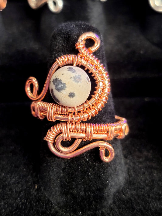 Dalmation Jasper and Copper Wire Wrapped Ring