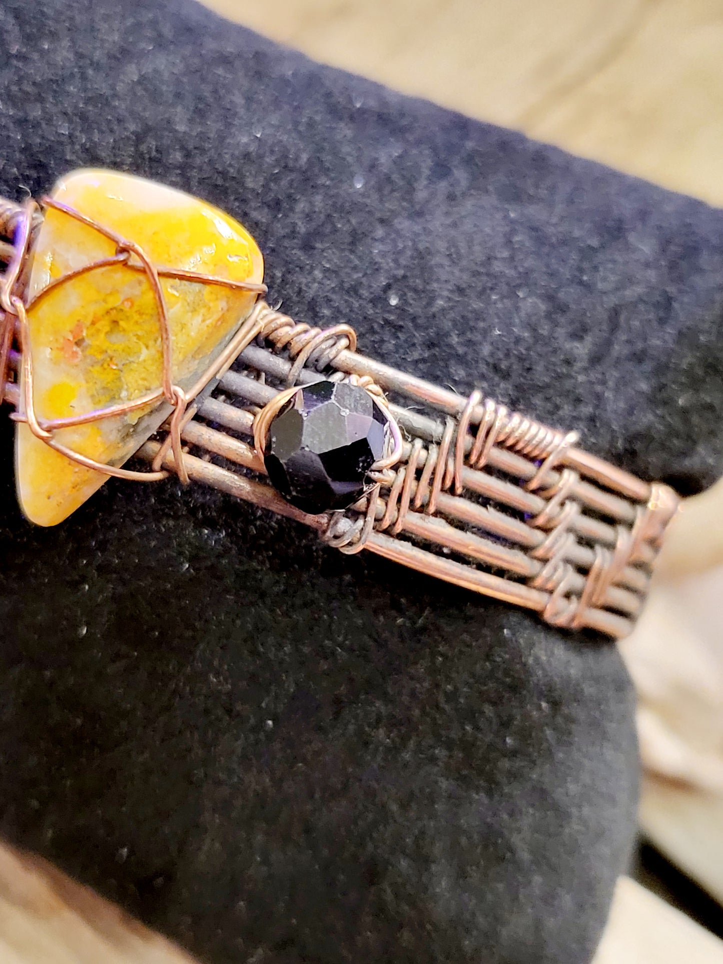 Bumblebee Jasper and Obsidian Wire Wrapped Cuff