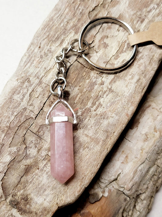 Rose Quartz Crystal Point Keychain
