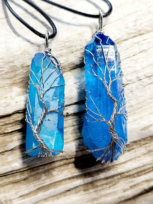 Blue Quartz Tree of Life Silver Wire Wrapped Necklace