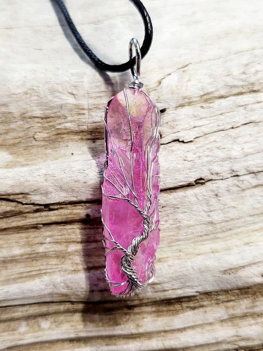 Pink Quartz Tree of Life Silver Wire Wrapped Necklace