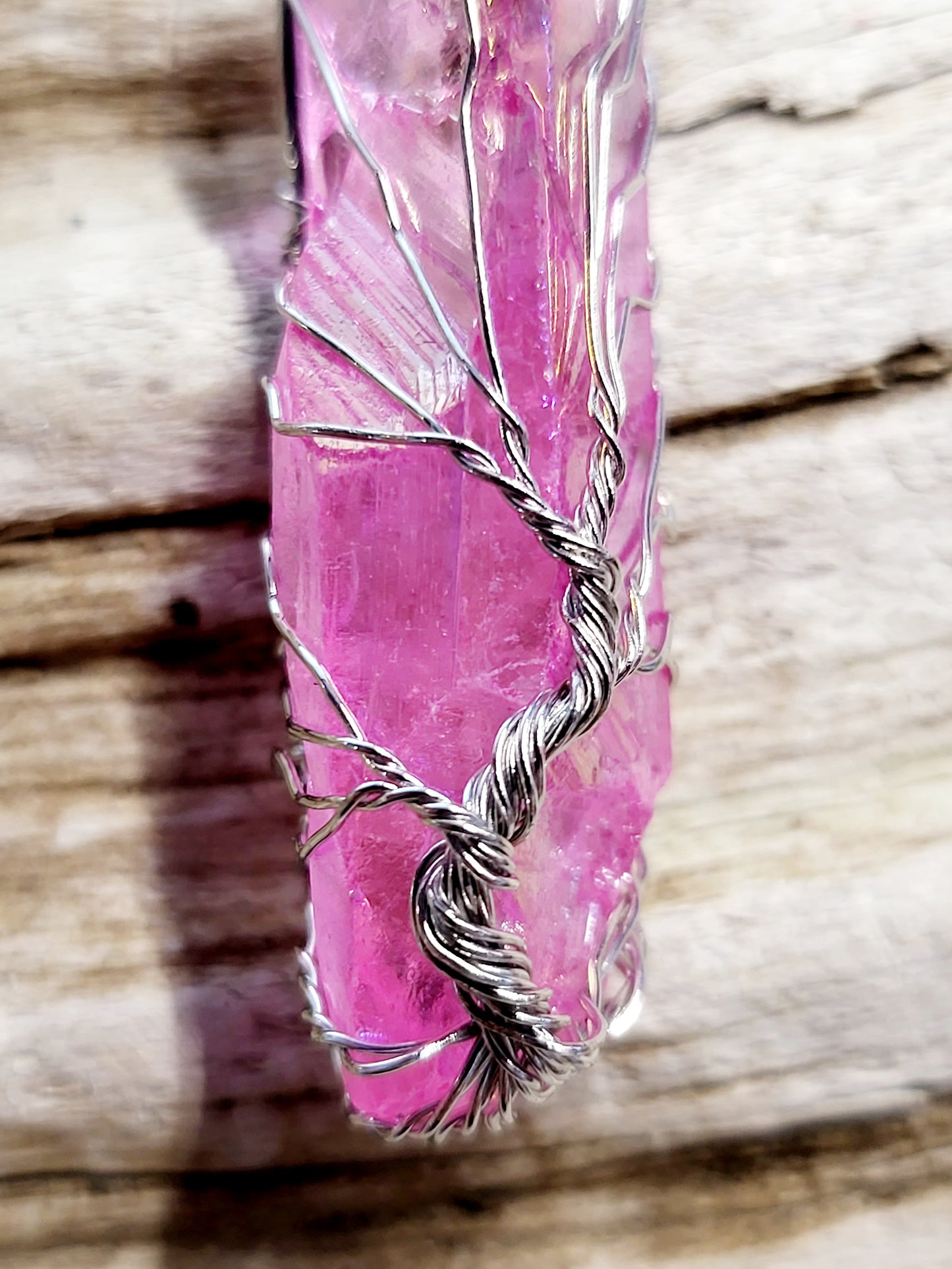Pink Quartz Tree of Life Silver Wire Wrapped Necklace