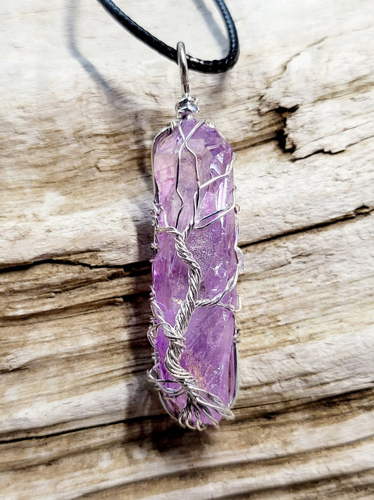 Purple Quartz Tree of Life Silver Wire Wrapped Necklace