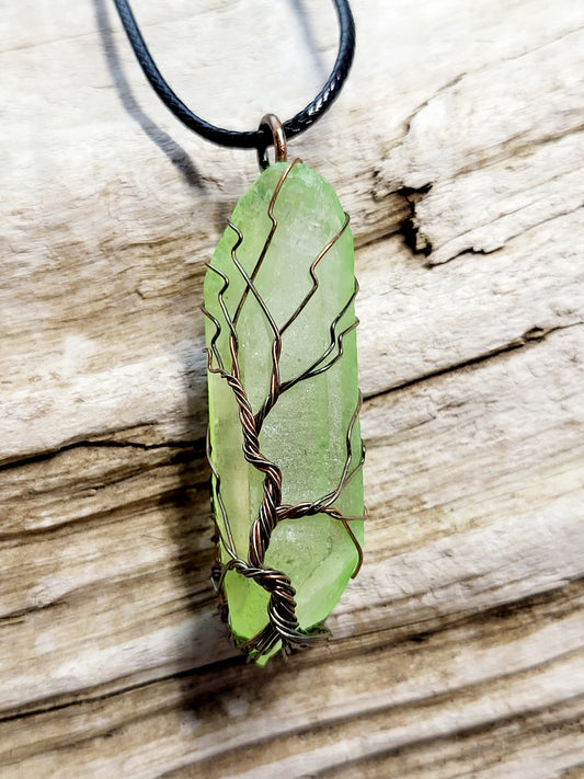 Green Quartz Tree of Life Copper Antiqued Wire Wrapped Necklace