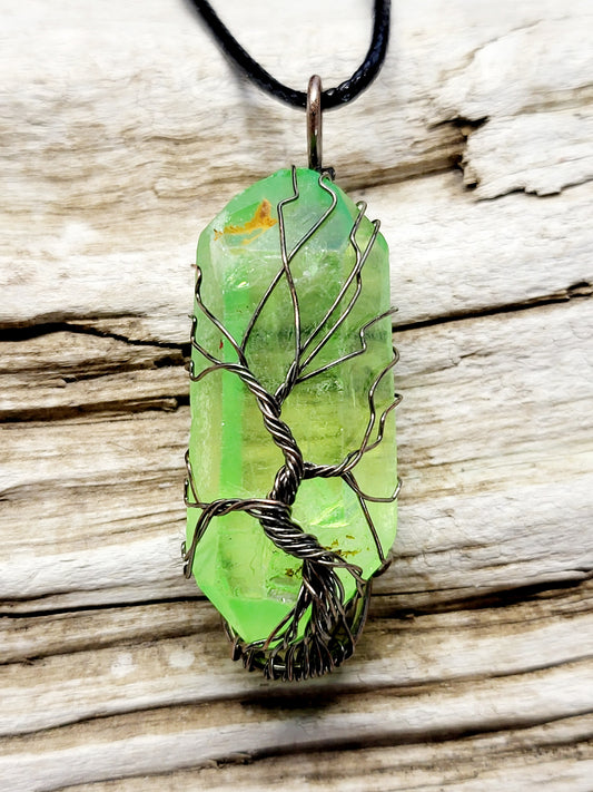 Green Quartz Tree of Life Silver Antiqued Wire Wrapped Necklace