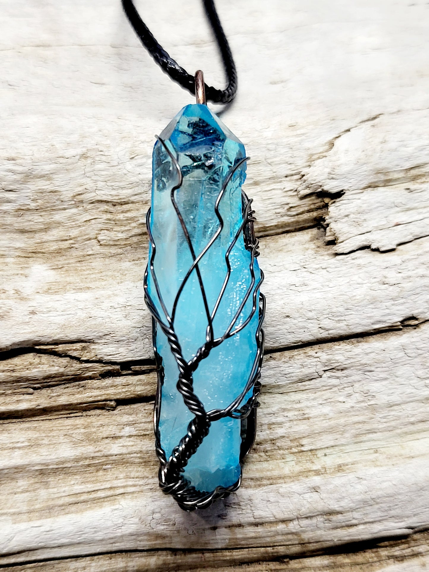 Blue Quartz Tree of Life Silver Antiqued Wire Wrapped Necklace