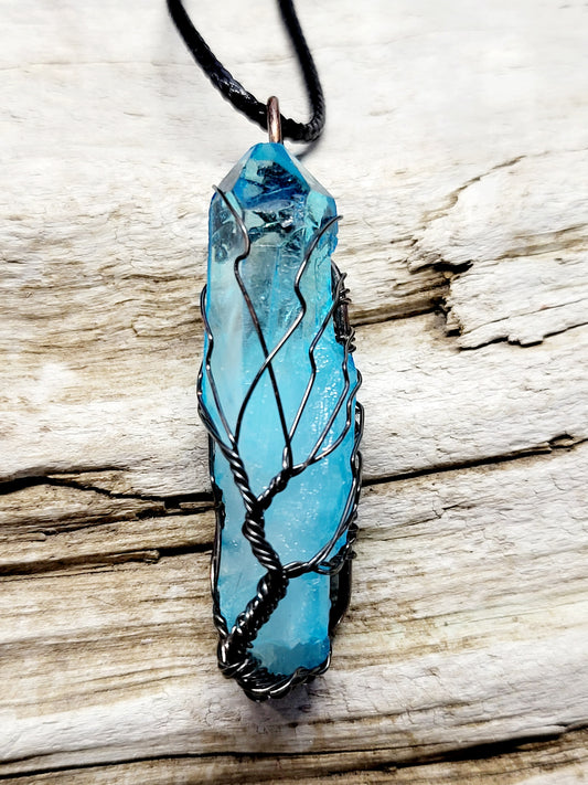 Blue Quartz Tree of Life Silver Antiqued Wire Wrapped Necklace