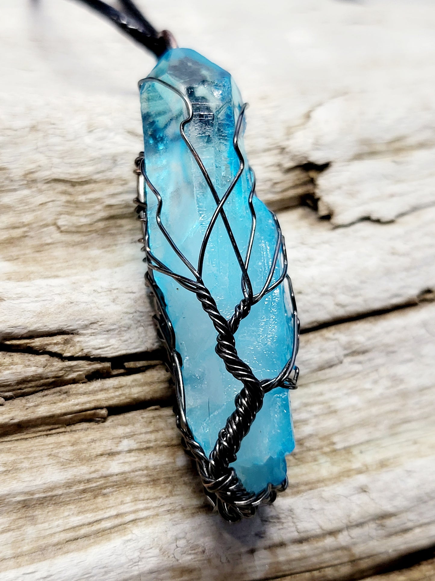 Blue Quartz Tree of Life Silver Antiqued Wire Wrapped Necklace