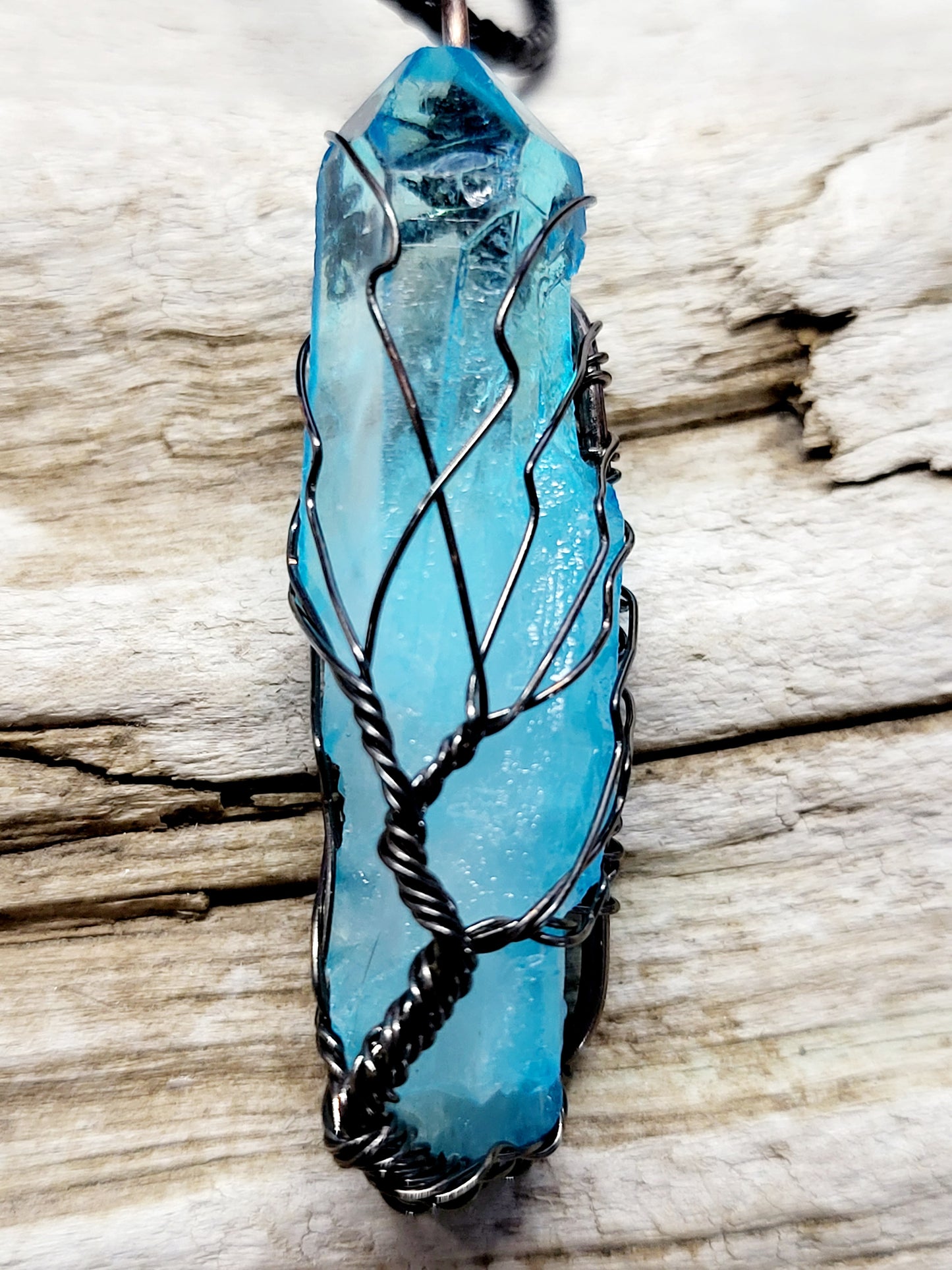 Blue Quartz Tree of Life Silver Antiqued Wire Wrapped Necklace