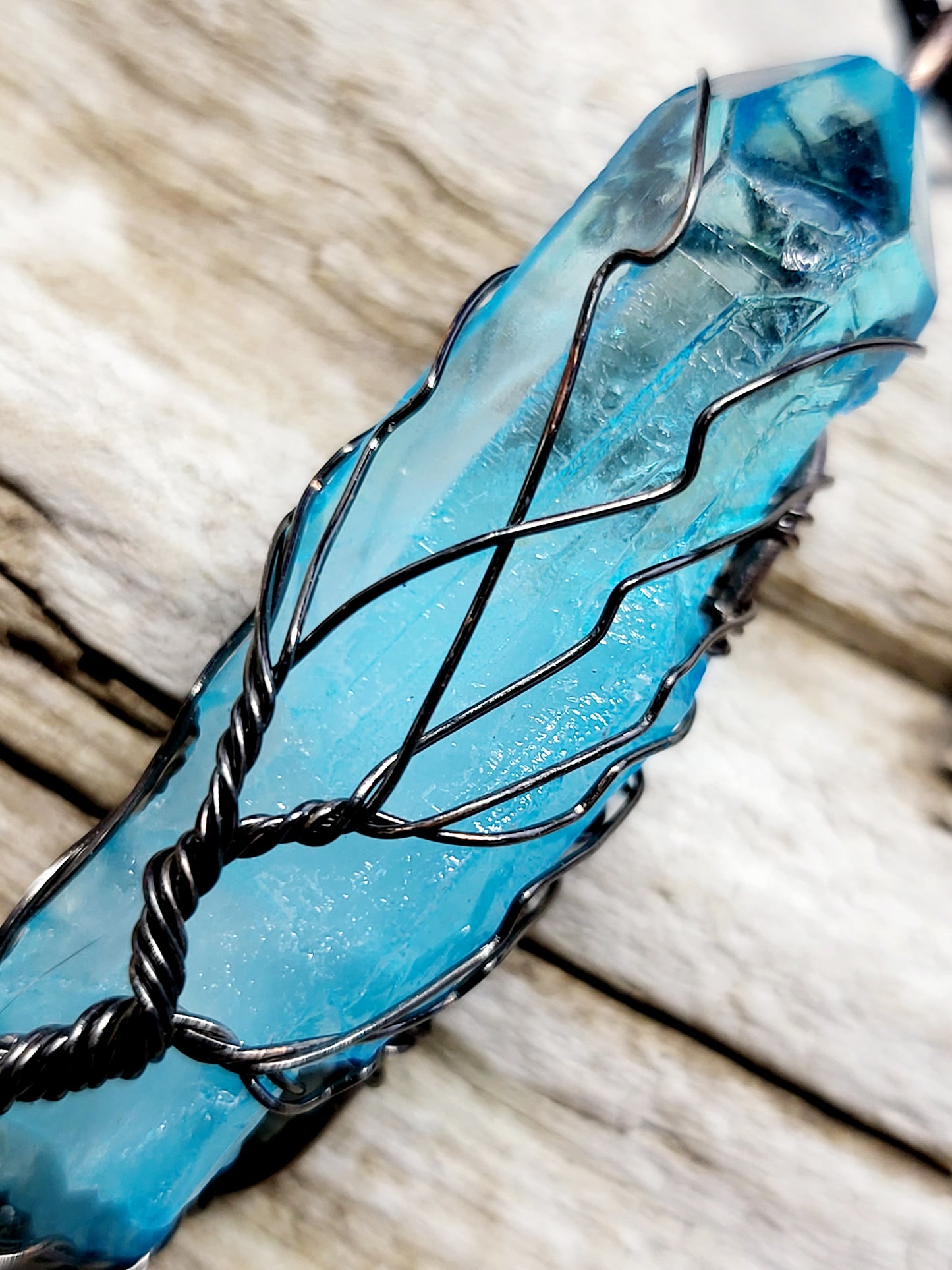 Blue Quartz Tree of Life Silver Antiqued Wire Wrapped Necklace