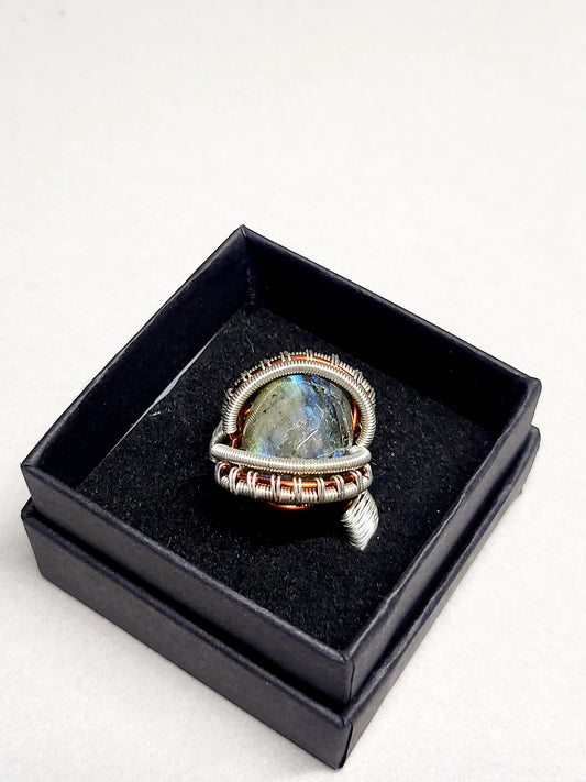 Labradorite and Silver/Copper Wire Wrapped Ring Size 11