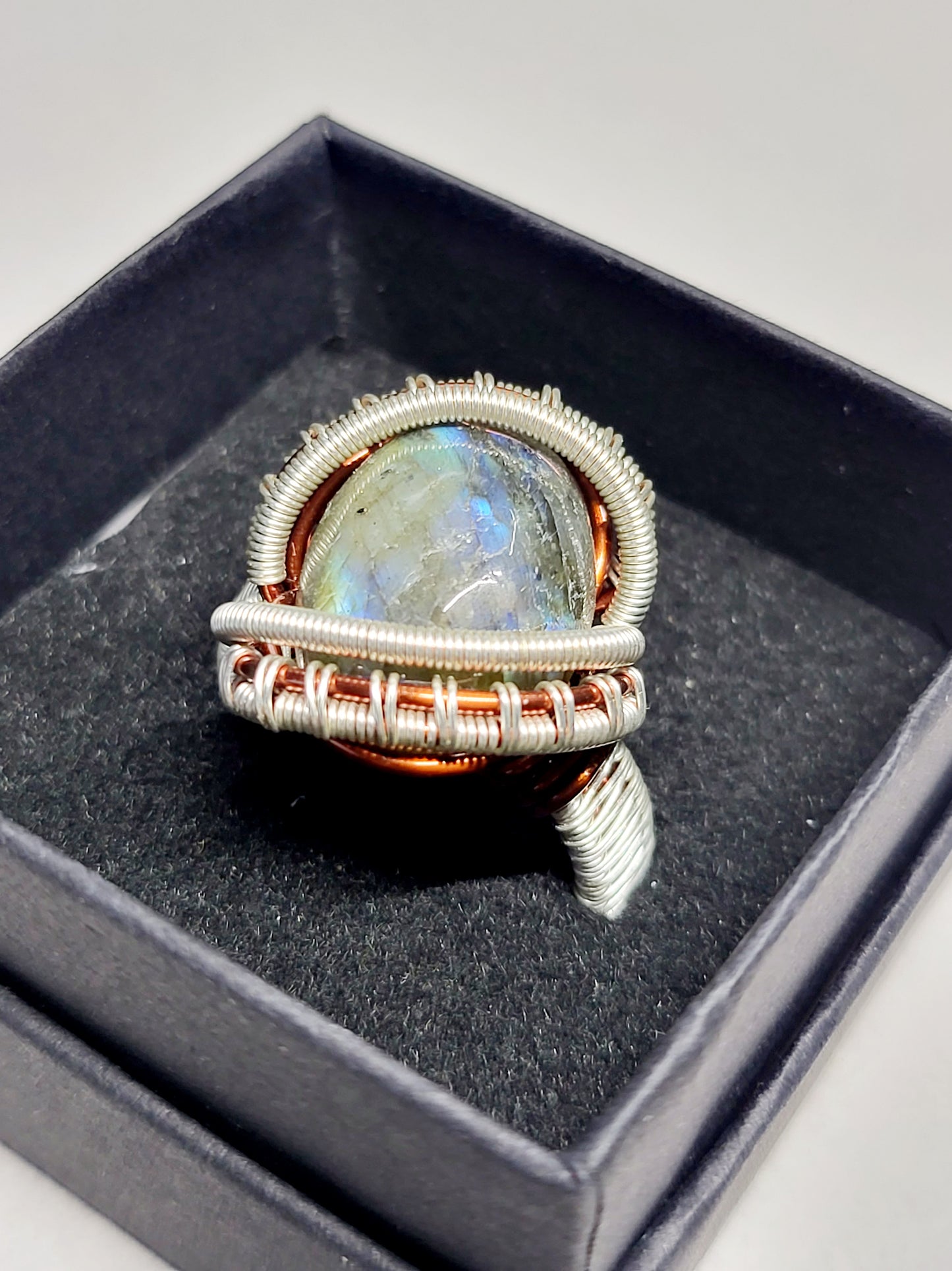 Labradorite and Silver/Copper Wire Wrapped Ring Size 11