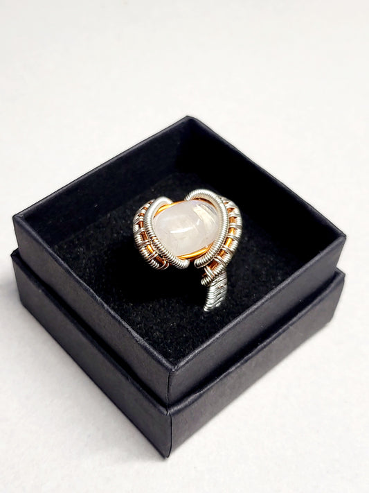 Moonstone and Silver/Copper Wire Wrapped Ring Size 9
