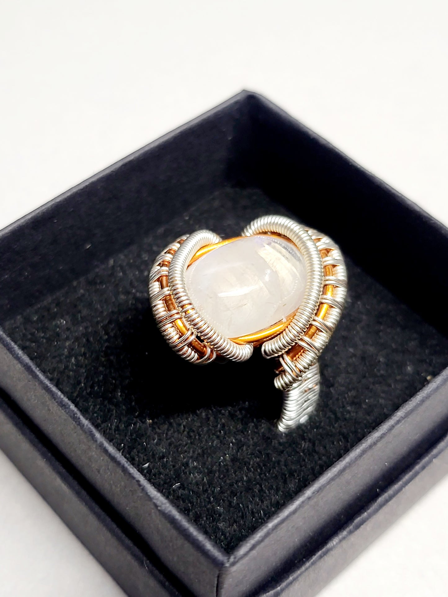Moonstone and Silver/Copper Wire Wrapped Ring Size 9