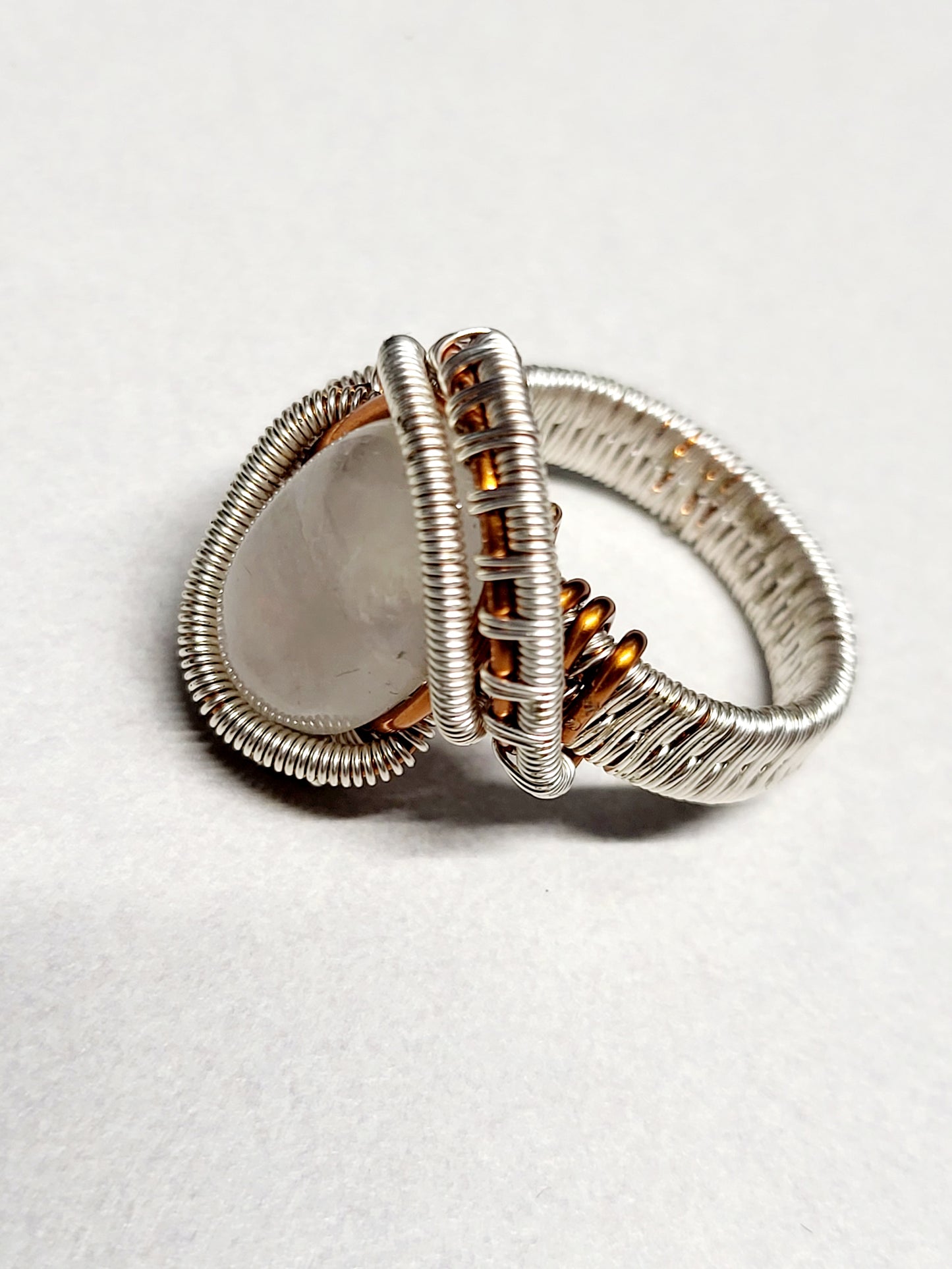Moonstone and Silver/Copper Wire Wrapped Ring Size 9