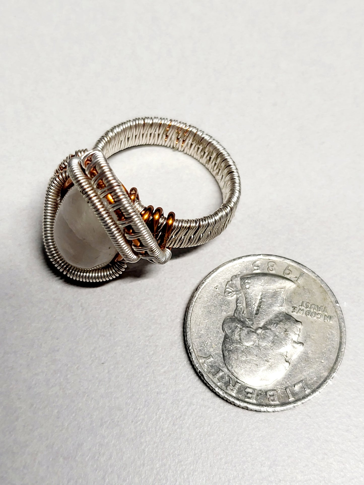 Moonstone and Silver/Copper Wire Wrapped Ring Size 9
