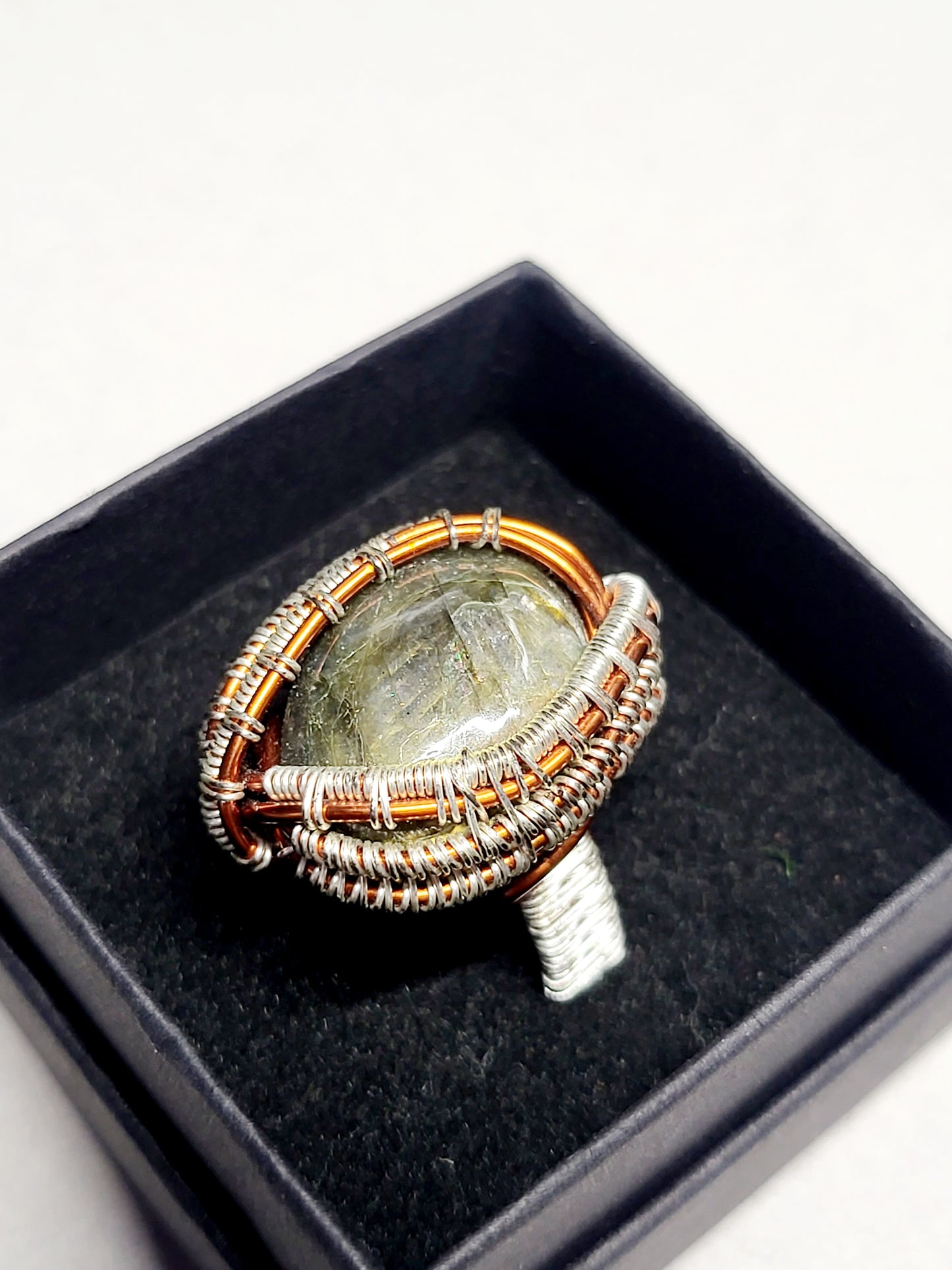 Labradorite and Silver/Copper Wire Wrapped Ring Size 12