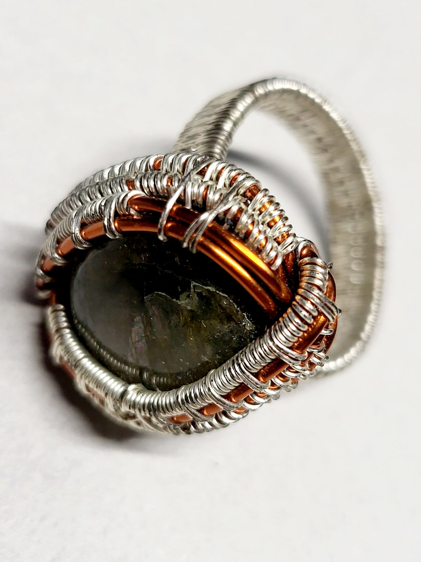 Labradorite and Silver/Copper Wire Wrapped Ring Size 12