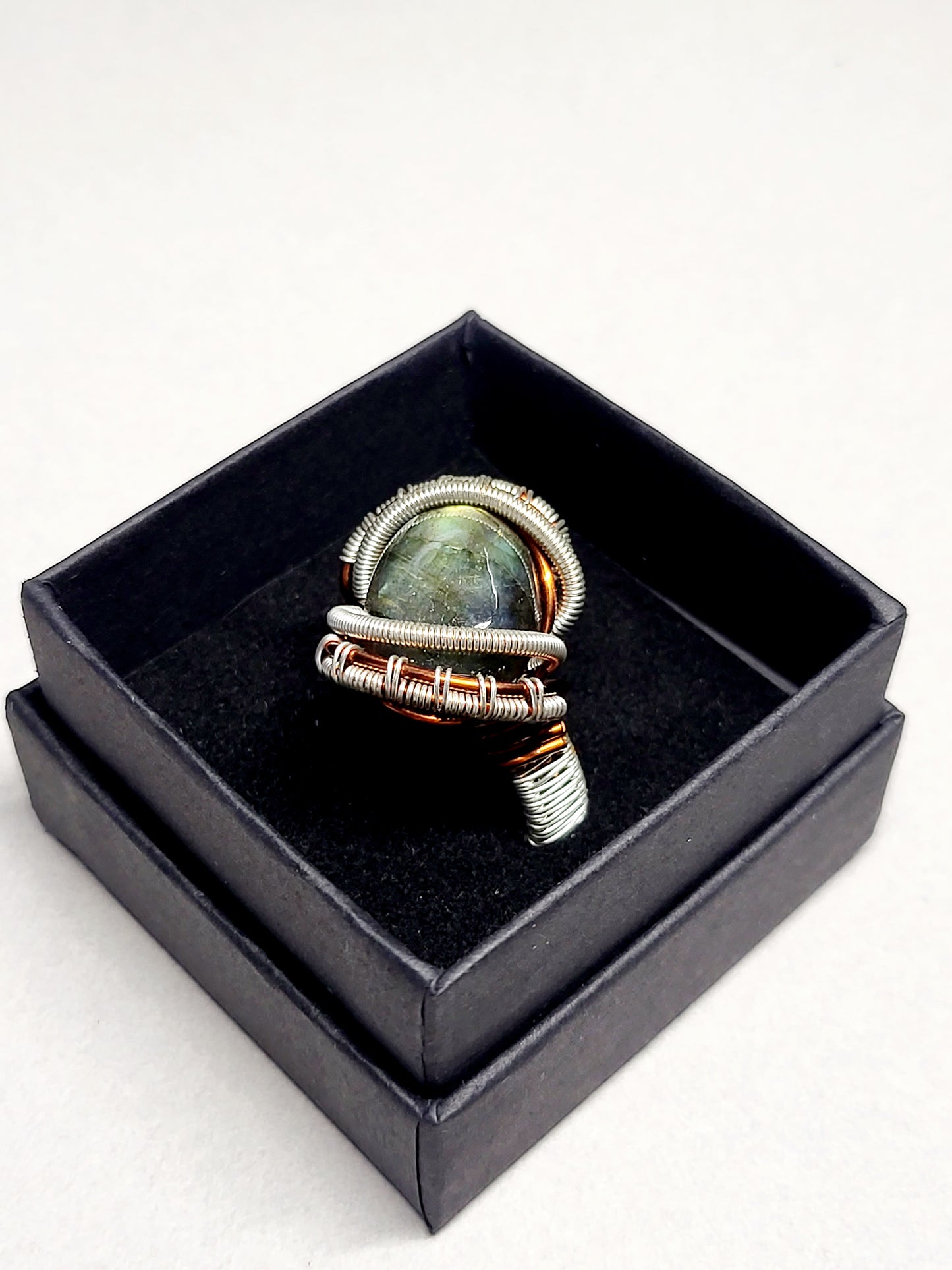 Labradorite and Silver/Copper Wire Wrapped Ring Size 11.5
