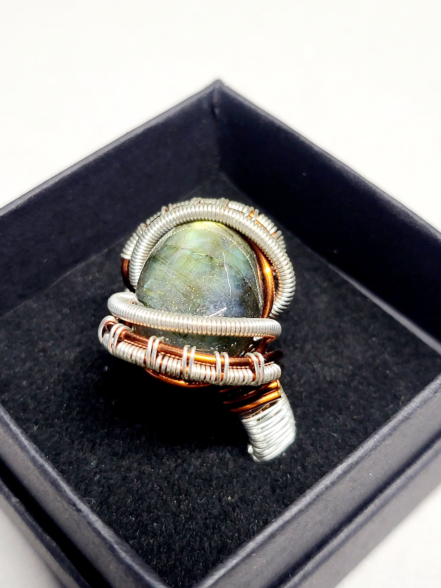 Labradorite and Silver/Copper Wire Wrapped Ring Size 11.5