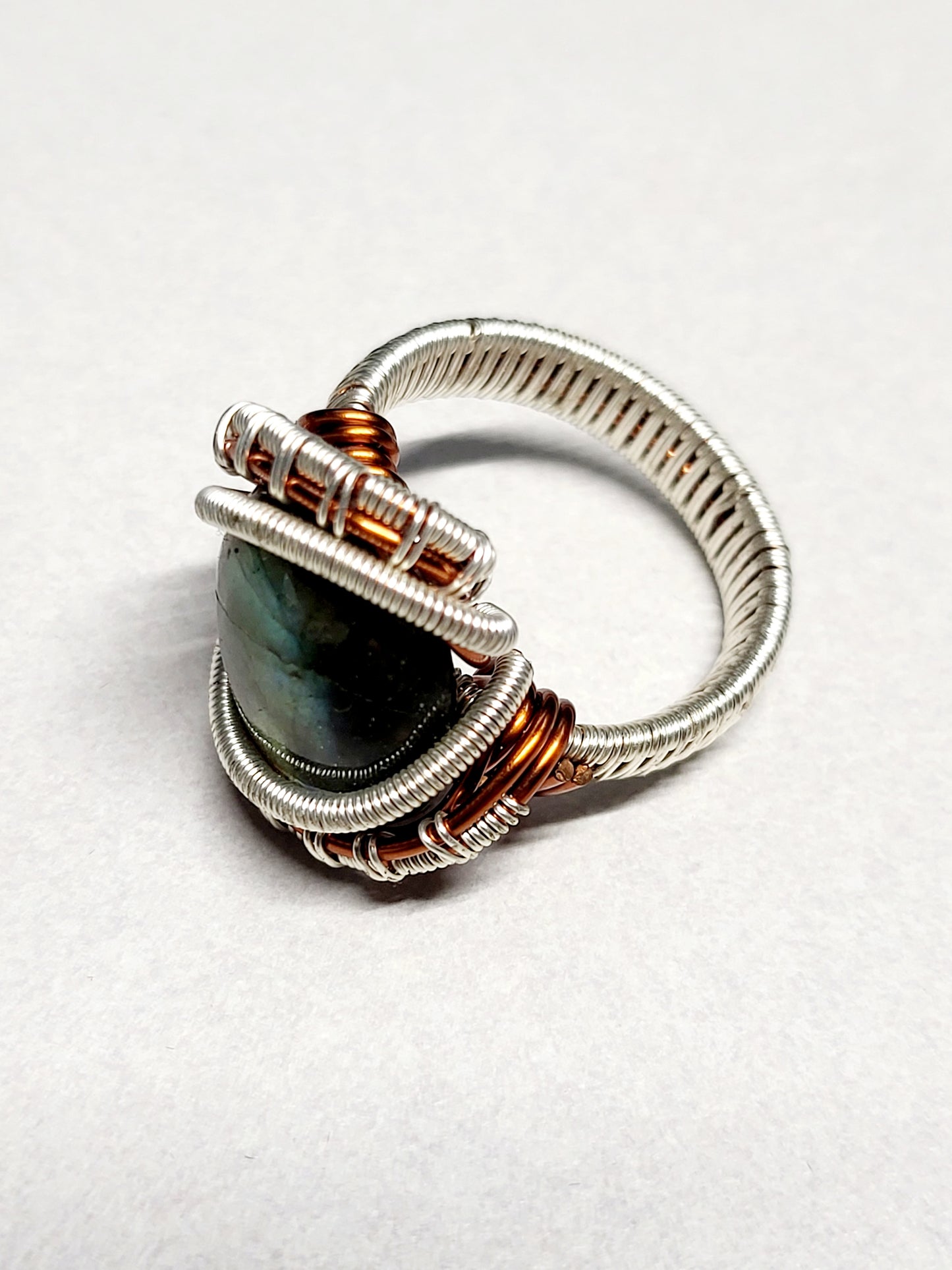 Labradorite and Silver/Copper Wire Wrapped Ring Size 11.5
