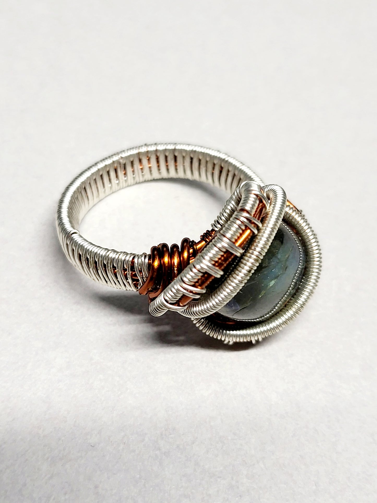 Labradorite and Silver/Copper Wire Wrapped Ring Size 11.5