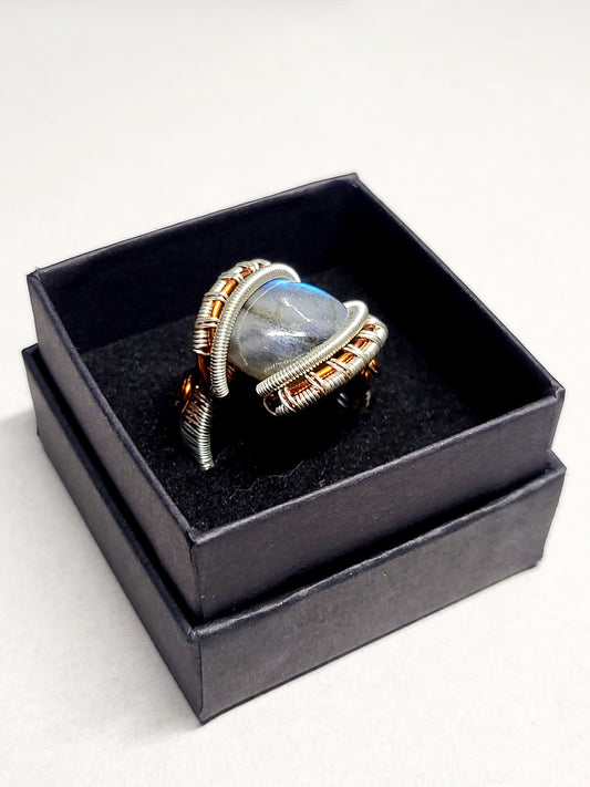 Labradorite and Silver/Copper Wire Wrapped Ring Size 9.5