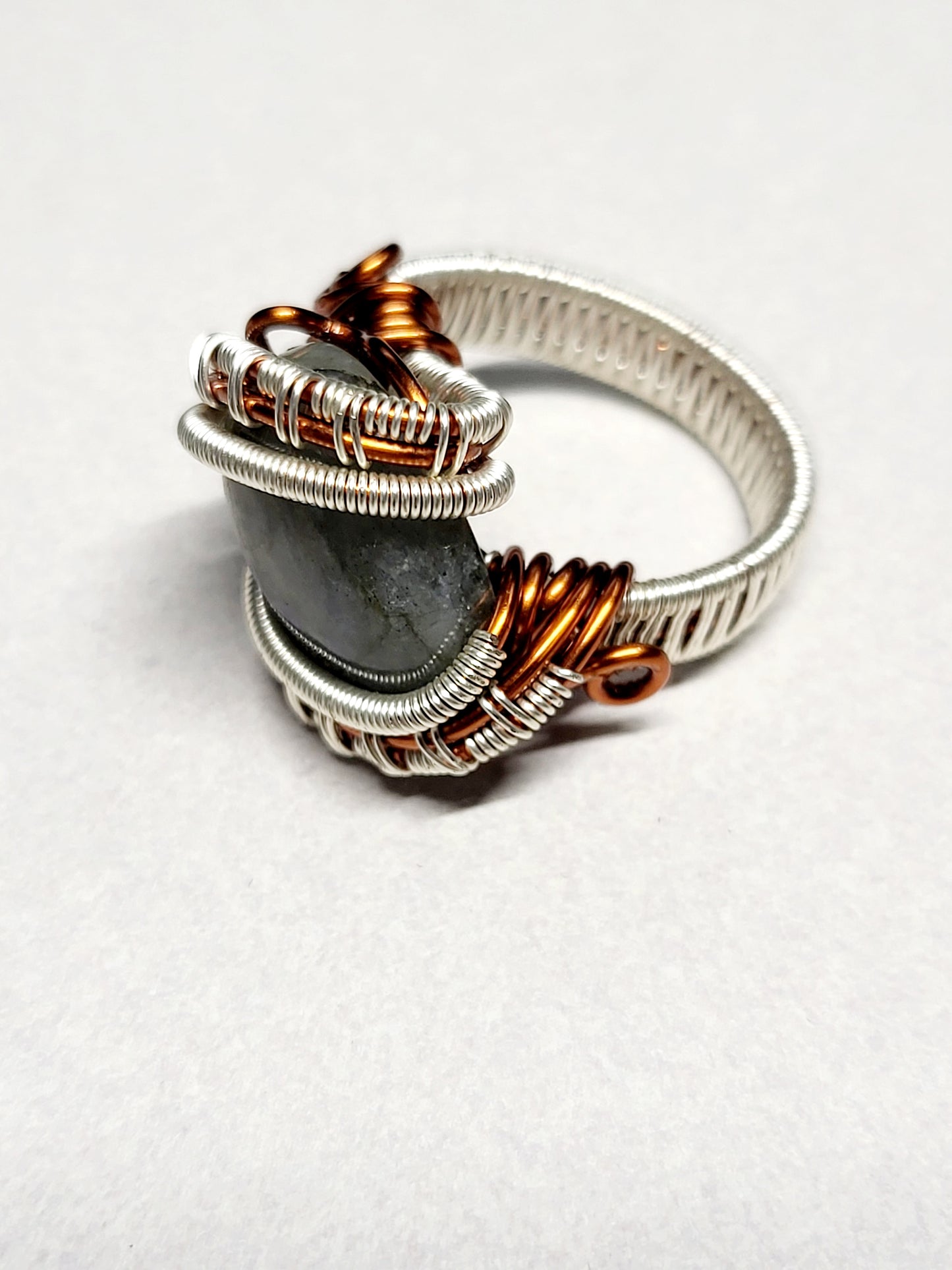Labradorite and Silver/Copper Wire Wrapped Ring Size 9.5
