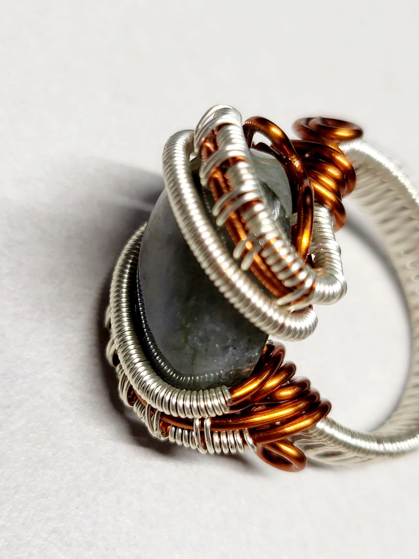 Labradorite and Silver/Copper Wire Wrapped Ring Size 9.5