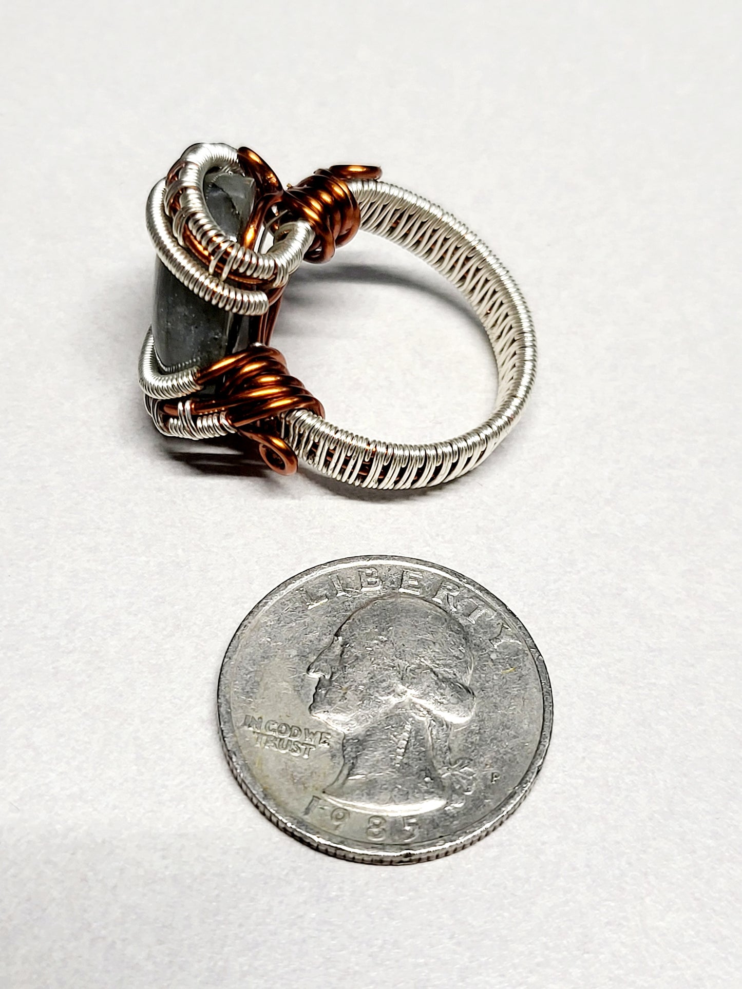 Labradorite and Silver/Copper Wire Wrapped Ring Size 9.5