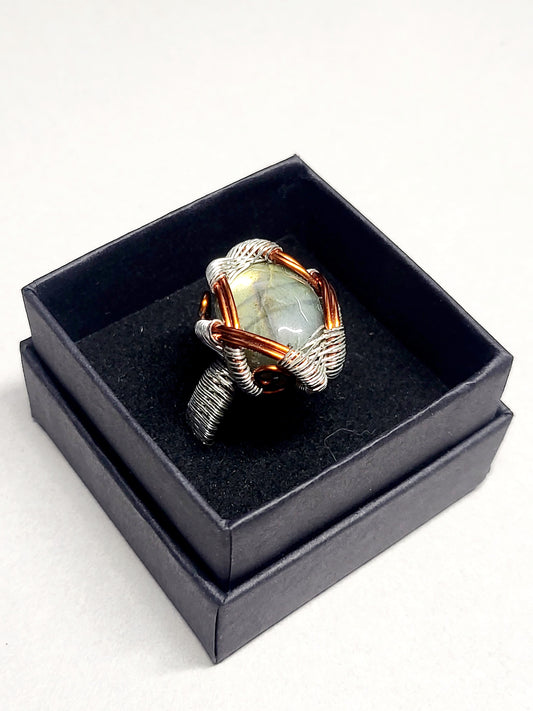 Labradorite and Silver/Copper Wire Wrapped Ring Size 12