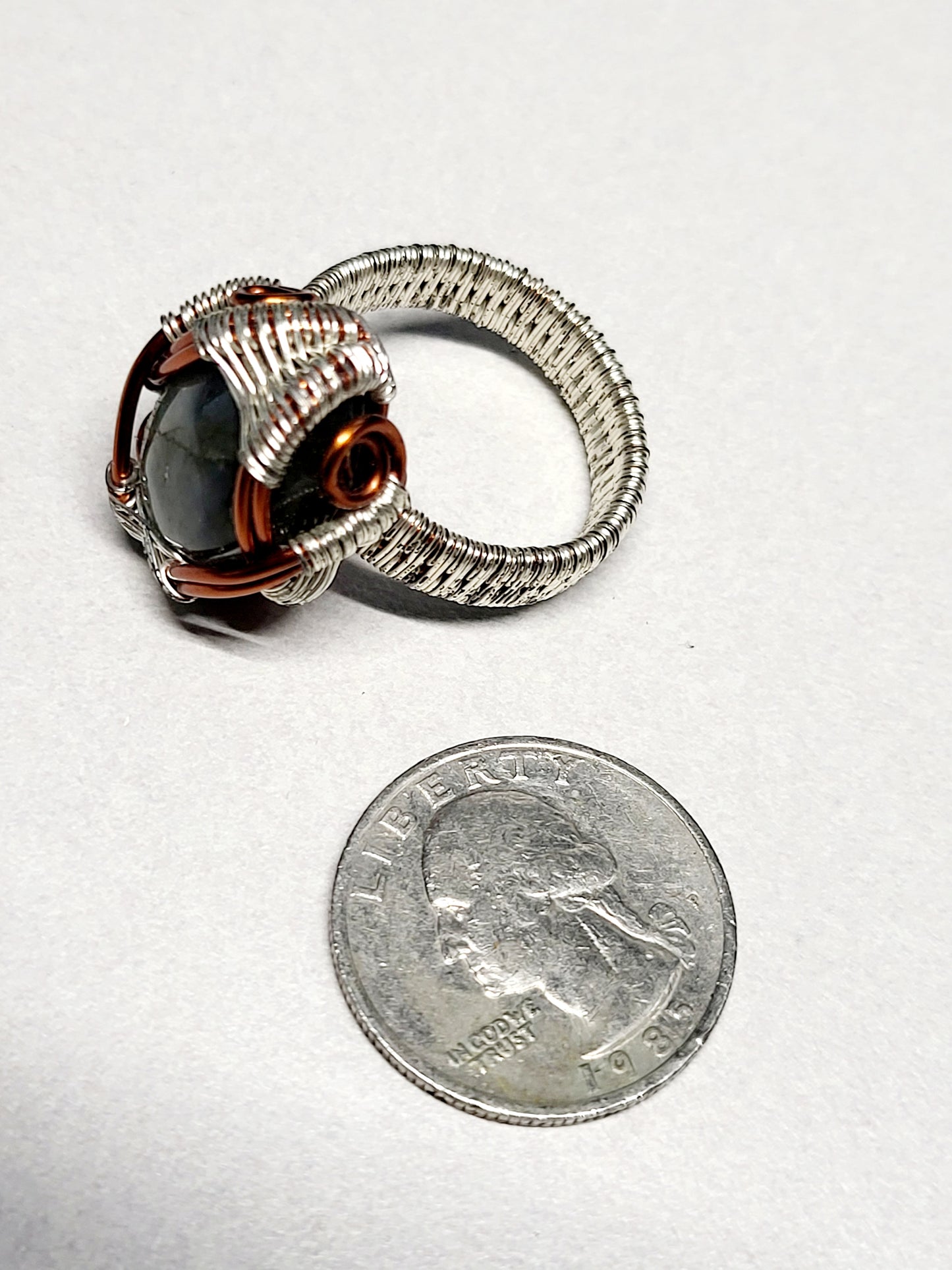 Labradorite and Silver/Copper Wire Wrapped Ring Size 12