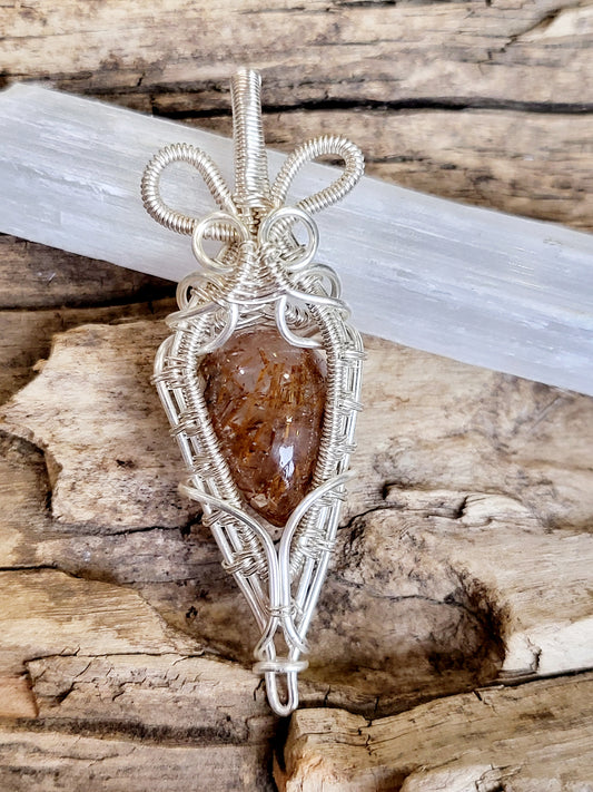 Rutilated Quartz and Silver Wire Wrapped Pendant Necklace