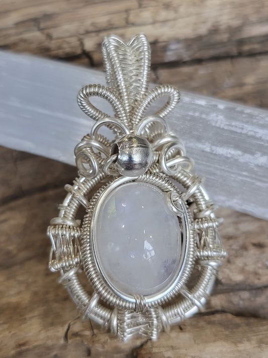 Moonstone and Silver Wire Wrapped Pendant Necklace