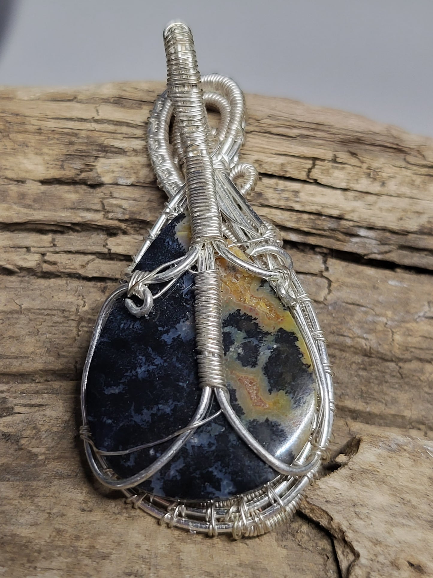 Fossilized Palm Root and Silver Wire Wrapped Necklace