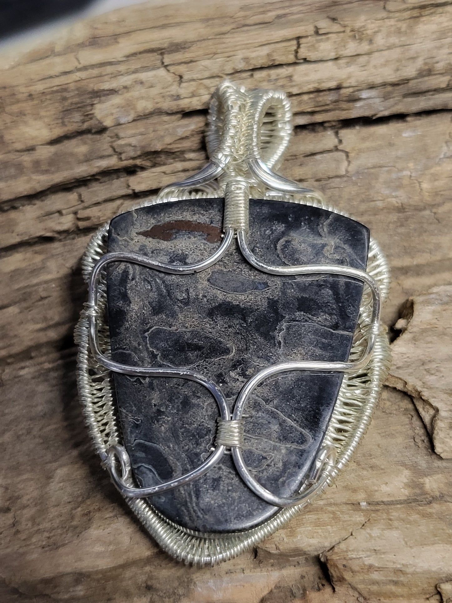 Fossilized Palm Root and Silver Wire Wrapped Necklace