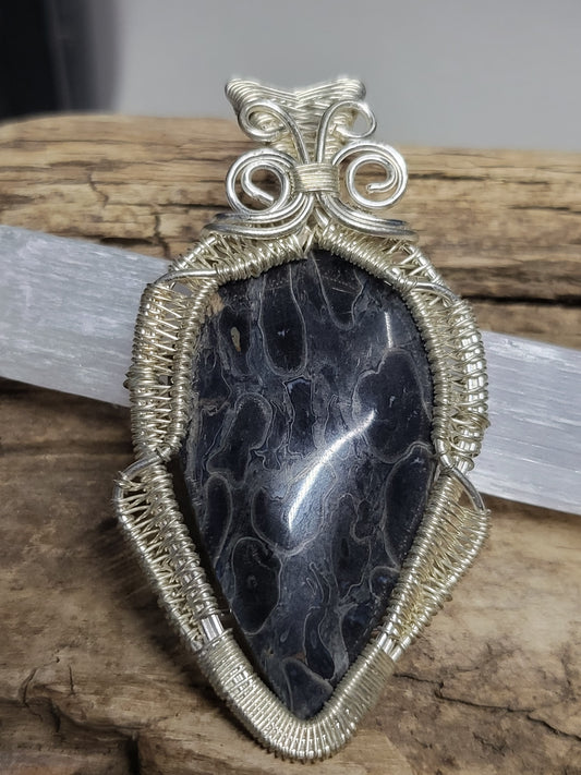 Fossilized Palm Root and Silver Wire Wrapped Necklace