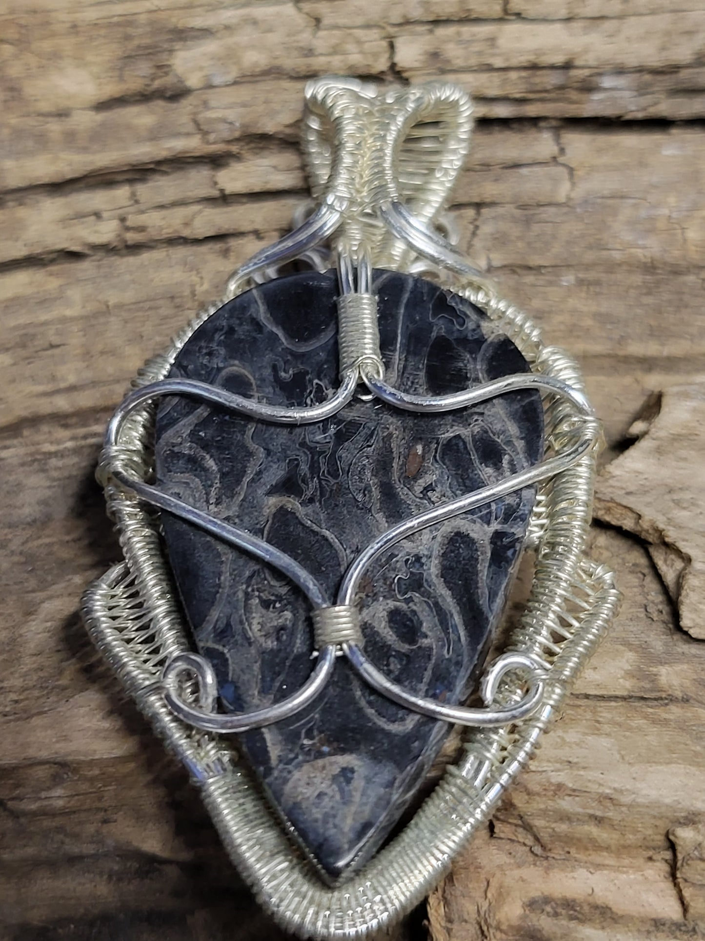 Fossilized Palm Root and Silver Wire Wrapped Necklace