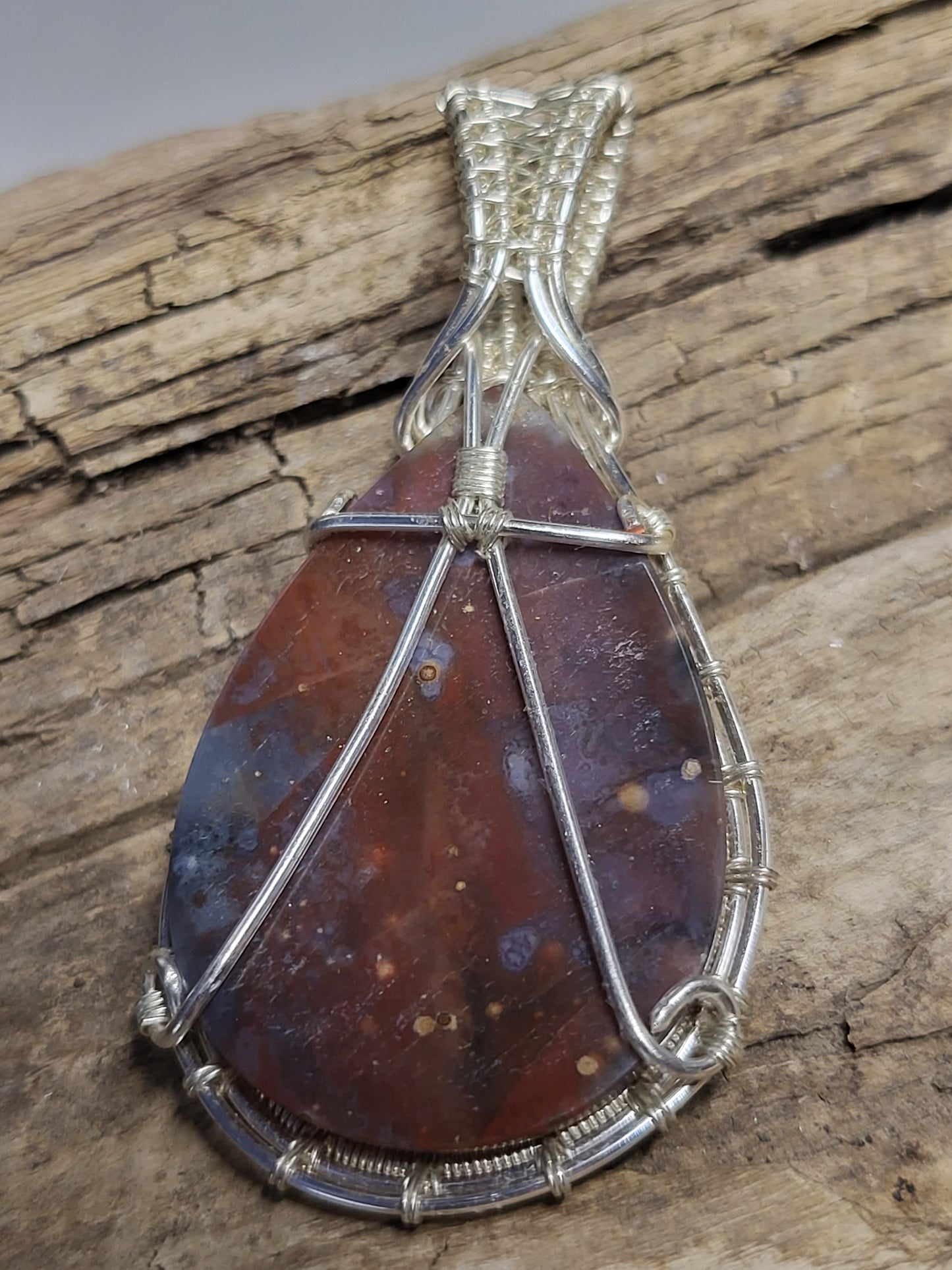 Ocean Jasper Silver Wire Wrapped Pendant Necklace