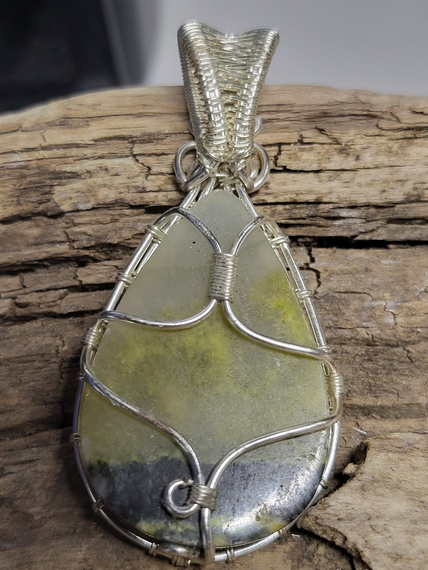 Fossilized Palm Root and Silver Wire Wrapped Pendant Necklace