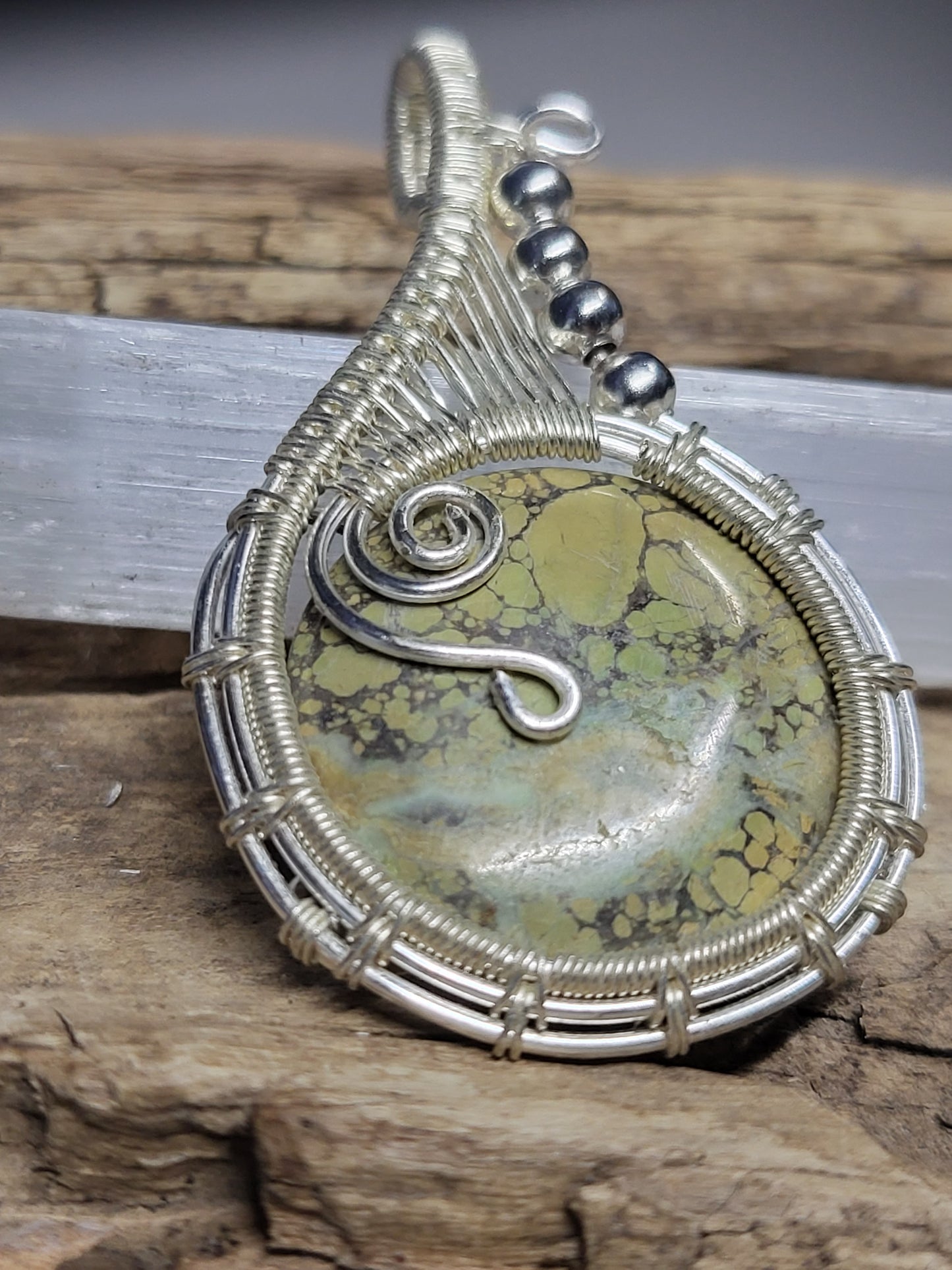 Fossilized Palm Root and Silver Wire Wrapped Pendant Necklace
