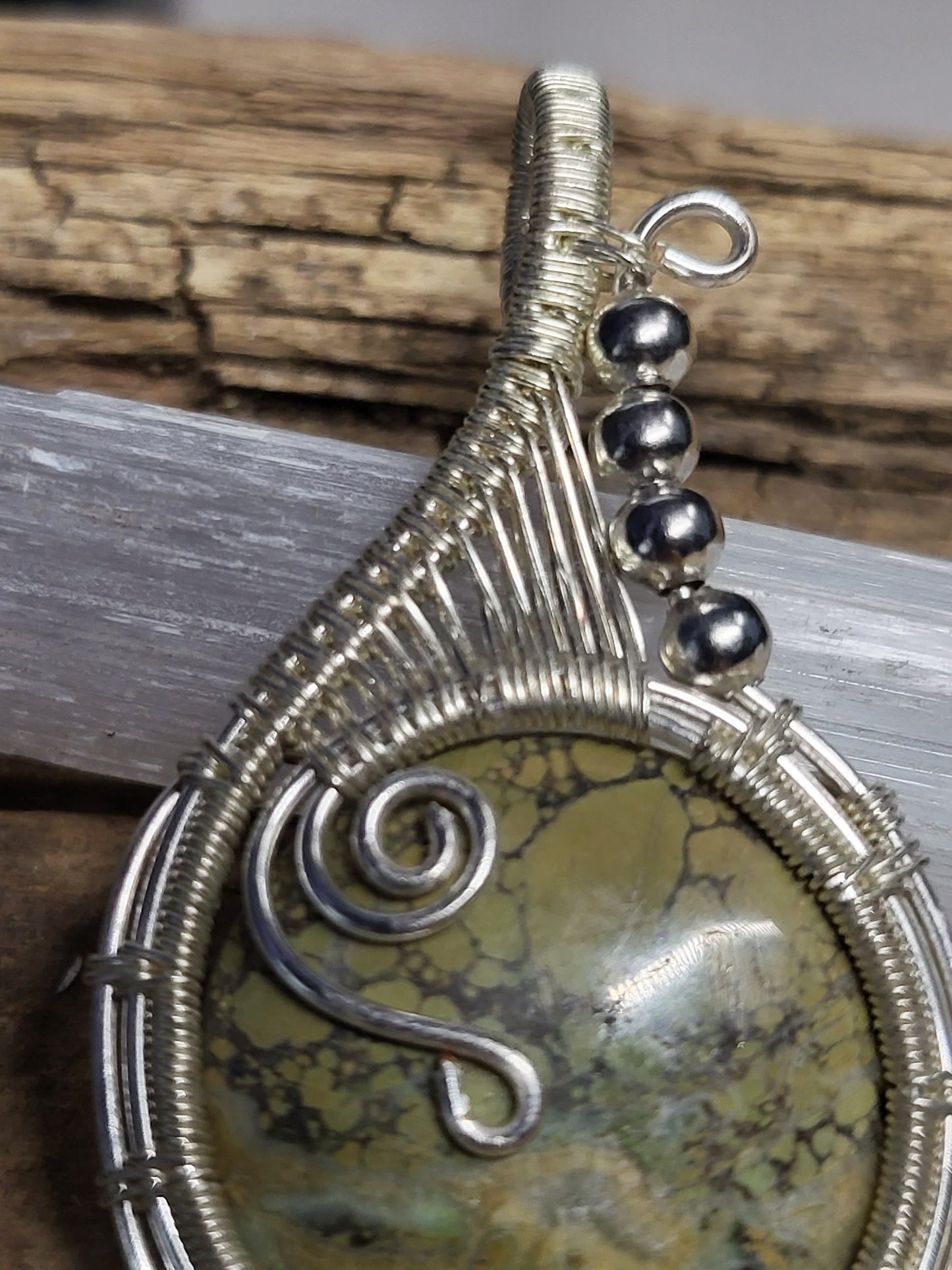 Fossilized Palm Root and Silver Wire Wrapped Pendant Necklace