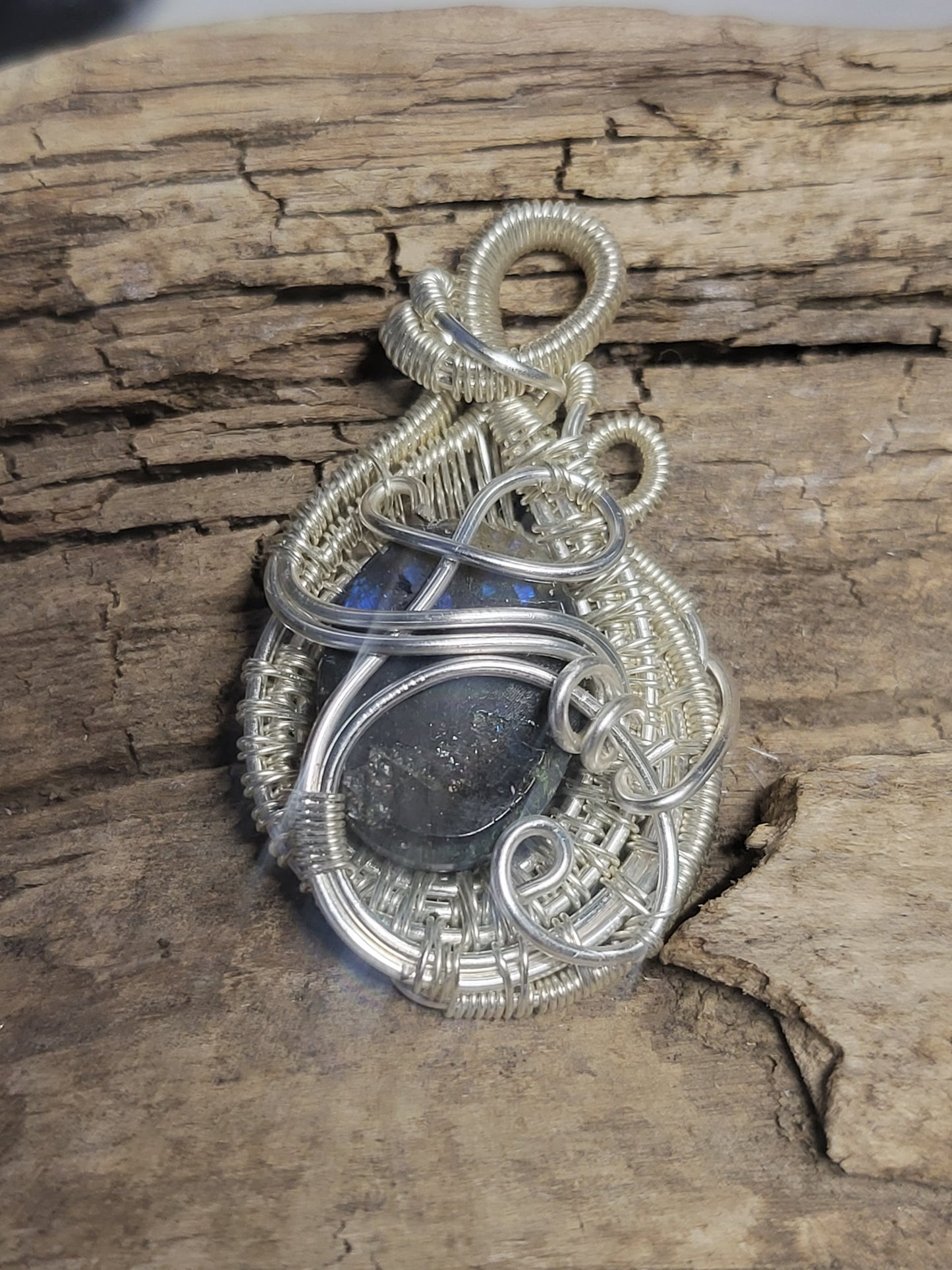 Labradorite and Silver Wire Wrapped Pendant Necklace