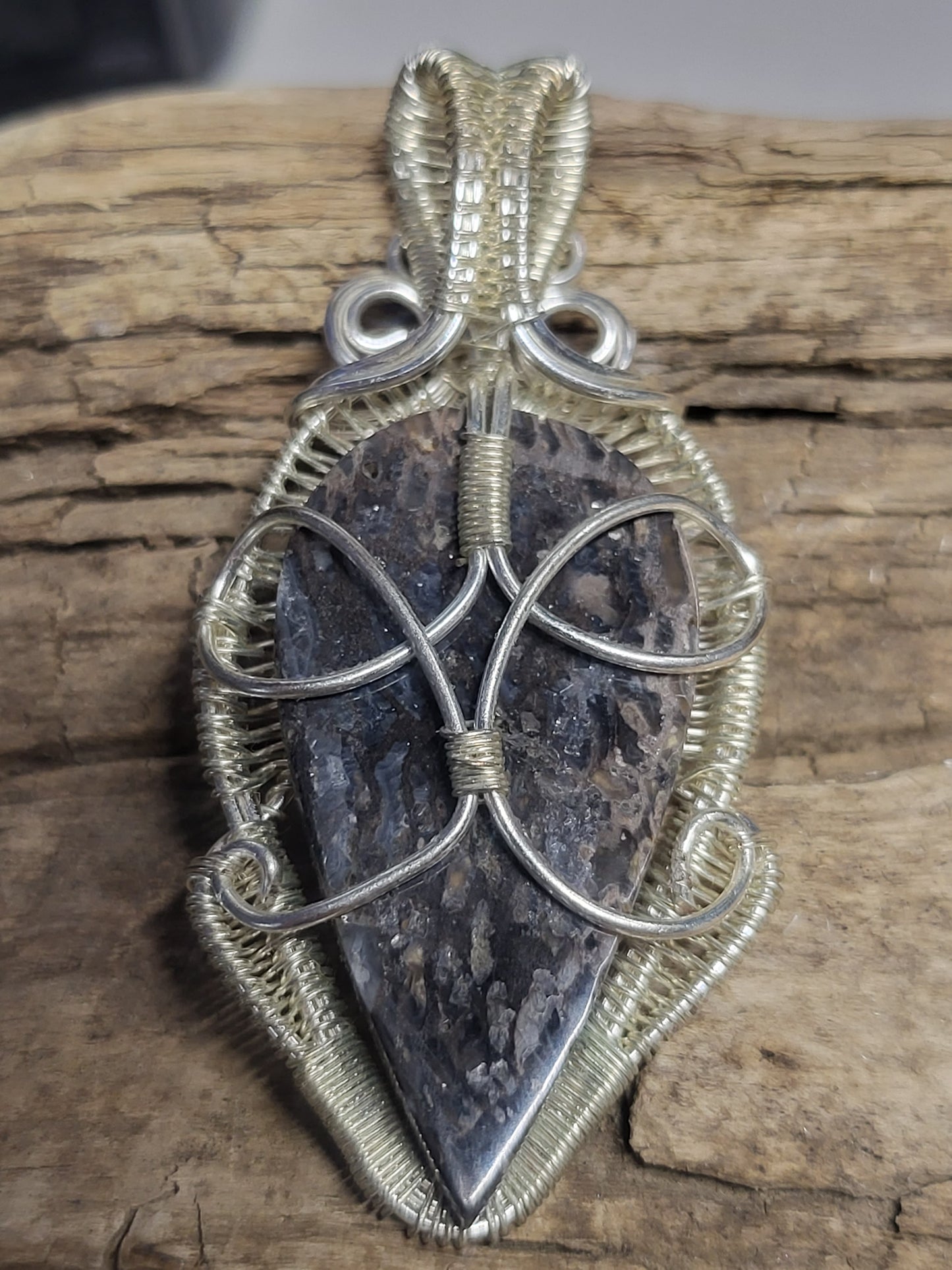 Fossilized Palm Root and Silver Wire Wrapped Necklace