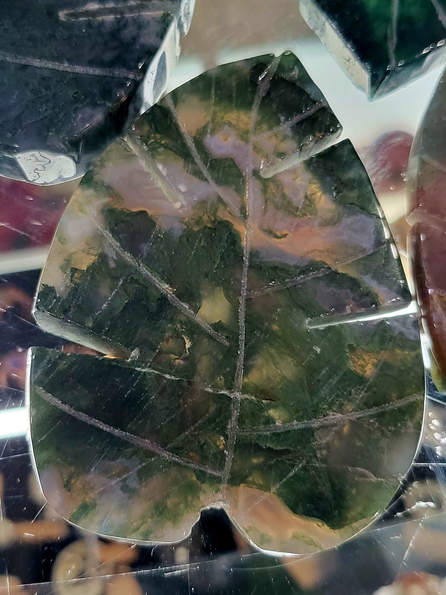 Moss Agate Monstera Leaf Crystal Carving